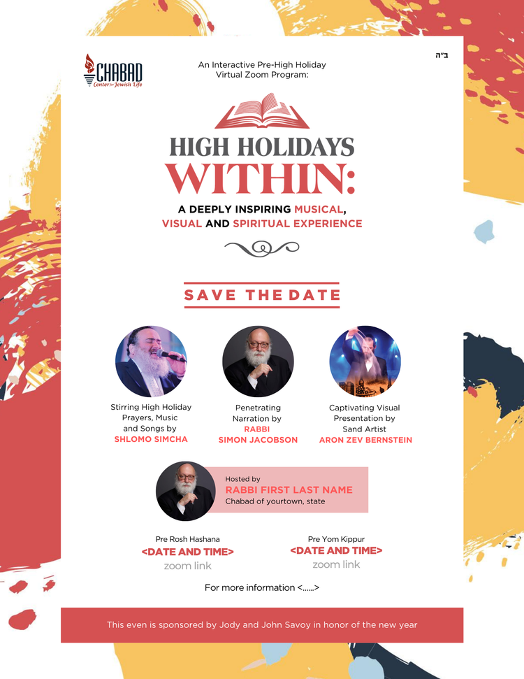 High Holidays flyer with the local rabbi above the performers