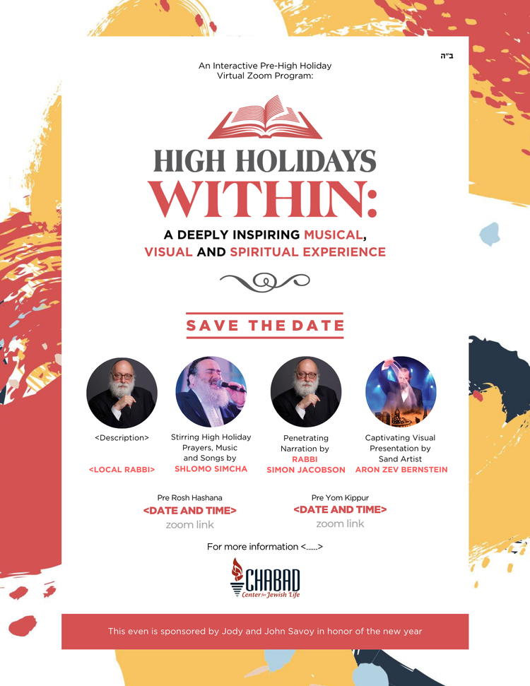 High Holidays flyer with the local rabbi beside the performers