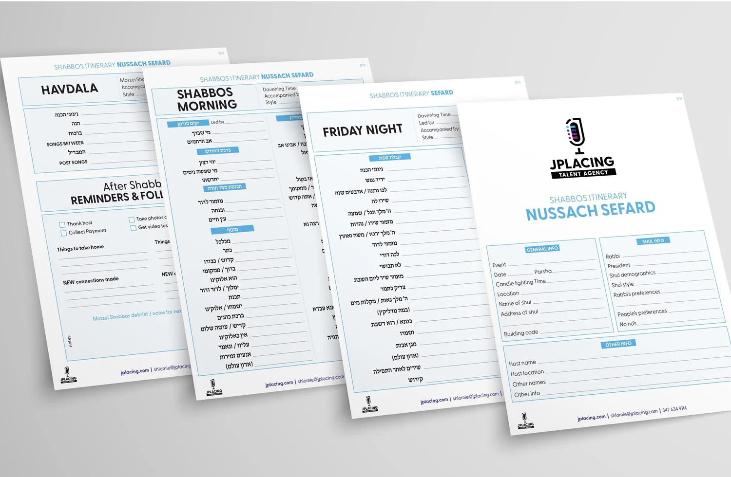 Shabbos itinerary pages for Nussach Sefard