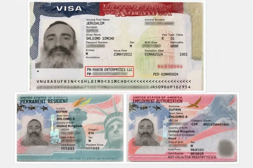 Shlomo Sufrin's work visa and green card documents